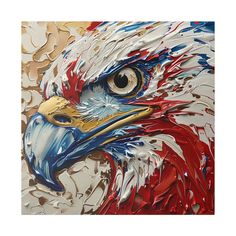 a painting of an eagle's head with red, white and blue paint on it