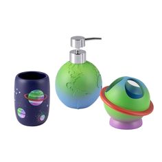 three bathroom accessories including a soap dispenser, toothbrush holder and cup