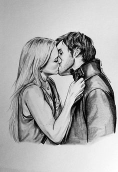 a drawing of two people kissing each other with one holding the other's neck