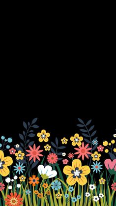 a black background with colorful flowers and grass