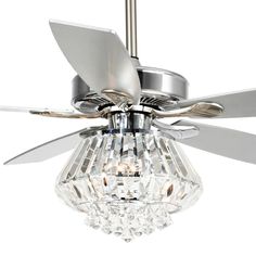 a chrome ceiling fan with crystal chandelier hanging from it's center blade