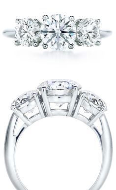 three different views of an engagement ring with diamonds on top and bottom, in white gold