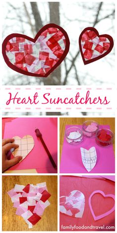 heart suncatchers made out of paper and construction material are featured in this collage