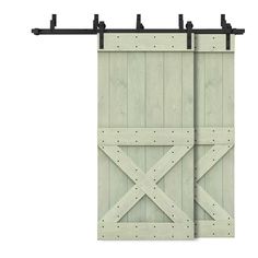 an open sliding door with metal bars on the top and bottom, in front of a white background