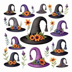 a collection of witch hats with flowers and leaves on them, all in different shapes and sizes