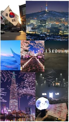 a collage of photos with buildings and lights in the city at night, including skyscrapers