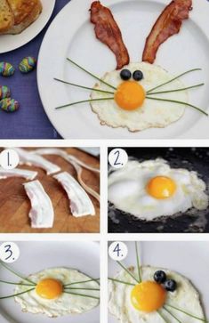 four pictures showing how to make an egg and bacon bunny face with eggs in the middle