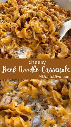 cheesy beef noodle casserole in a white dish