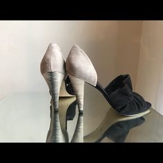 Beautiful, Unique Pair Of Statement Heels. Nice Little Heel Detail With Zebra Stripe. Never Worn. ( Sole Shows Normal Wear Of Being Tried On Indoors.) Statement Heels, Grey Suede, Gray Suede, Shoes Women Heels, Black And Grey, Shoes Heels, Size 10, Women Shoes, Sandals