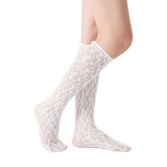 Upgrade your fashion game with the Vivienne Floral Lace Ruffle Edge Knee-High Sock in white. The delicate floral lace pattern and elastic ruffle band not only offer a feminine touch, but also ensure a secure and reliable fit. Made with a strong blend of nylon and spandex, these socks seamlessly blend style and comfort. *Due to their delicate nature, wear and handle with care to avoid rips and runs. Contents + Care Breathable Material: 70% nylon, 30% spandex White colorway Pattern: floral Importe Womens Knee High Socks, Floral Lace Pattern, The Vivienne, 2023 Fashion, Lace Ruffle, Lace Pattern, Pattern Floral, Product Images, British Indian