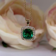 Cushion Cut Green Emerald Pendant Necklace for Ladies Emerald | Etsy Emerald Locket Pendant, Emerald Pendant Design, Emerald Pendant Necklace, Ring Redesign, Flower Statement Necklace, Luxurious Jewelry, Pretty Accessories