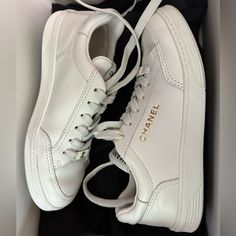 Excellent Condition. Purchased In Nyc And Only Worn A Few Times. Chanel Tennis Shoes, Chanel Tennis, Chanel White, White Leather Sneakers, Chanel Shoes, Tennis Shoes, Leather Sneakers, White Leather, Womens Shoes Sneakers