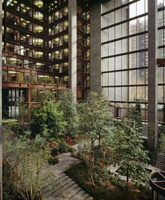 the inside of an office building with lots of windows and trees in front of it