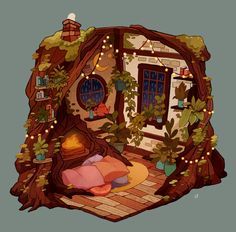 an illustration of a fairy house made out of wood and plants with lights on the windows