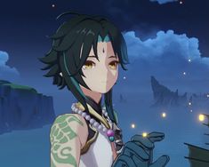 an anime character with green hair and tattoos on her arm, standing in front of a blue sky