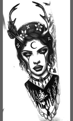 a woman with horns and stars on her head is shown in this black and white tattoo design