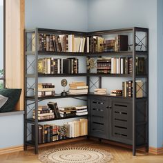 a book shelf with many books on it in a room next to a rug and window