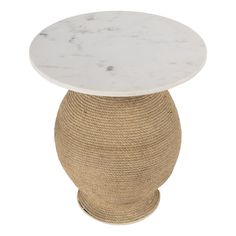 a white marble topped table with rope wrapped around the base on an isolated white background