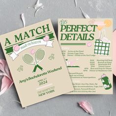 two tennis match flyers on top of pink and green paper with flowers in the background