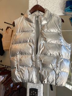 Silver puffer vest! Perfect piece to spruce up and add cutness to any outfit! Silver Puffer Vest, Quilted Vest Outfit, Puffer Outfit, Magic Flute, The Magic Flute, Sleeveless Puffer, Puff Vest, Halloween 2023, Quilted Vest