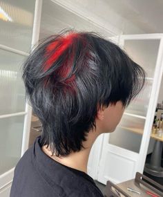 Men Red Hair Highlights, Man Hairstyle Color, Red Highlights On Black Hair Men, Black Hair With Red Streaks Short, Red And Black Hair Male, Color Hair Ideas For Short Hair, White And Black Hair Men, Short Hair With Color Underneath, Black Red Hair Short