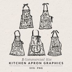 five aprons are shown with the words 5 commercial use kitchen apron graphics