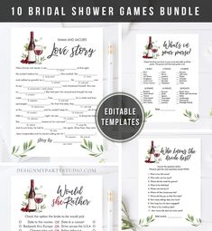 the bridal shower games bundle includes wine bottles and greenery