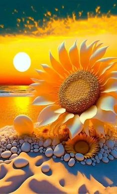 a painting of a sunflower sitting on top of some rocks near the ocean at sunset