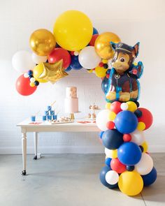 Lasts 3 to 5 days. See Longevity Notes. Inflated with air - this item will not float. This item is Ready-To-Party™ Handcrafted piece. May vary from picture. Features Our Paw Patrol inspired balloon column is a hit for your little boys birthday party! Created with air filled bright balloons and topped with a Chase Paw Patrol balloon, this arrangement is perfect for a boys birthday of any age. Use this for a sweets table or part of your photo backdrop. This product is Ready-To-Party™. Comes inflated and assembled. Simply unbag and enjoy! Details Color Palette: Balloon - Dark Blue , Red, Yellow, White, Navy Foil - Paw Patrol foil Dimensions: H - approx. 4.5ft Material: Balloon - biodegradable latex and foil Paw Patrol Balloon Backdrop, Four Year Old Paw Patrol Birthday, Paw Patrol 1st Birthday Party Boys, Paw Patrol Table Decorations, Paw Patrol 2nd Birthday Boy, Paw Patrol 3rd Birthday Party, Paw Patrol Balloon Arch, Paw Patrol Balloon Garland, Paw Patrol 3rd Birthday Party For Boy