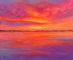 an oil painting of a sunset over the ocean with pink and orange clouds in the sky