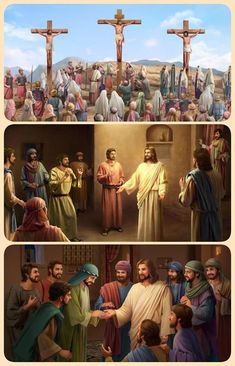 three different pictures of jesus and other people