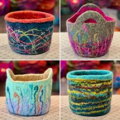 four different types of knitted baskets sitting on top of each other