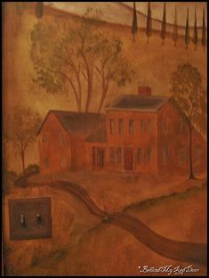 a painting of a red house on a hill