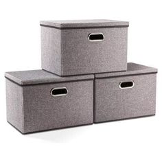 three grey storage boxes with handles on each one side and two smaller bins in the middle