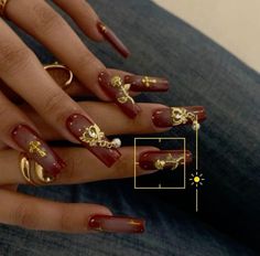 Red Gold Nails Aesthetic, Red Nails Gold Charms, Nails Gold And Red, Nails With Gold Charms, Red And Gold Nails, Car Hacks, Dream Nails