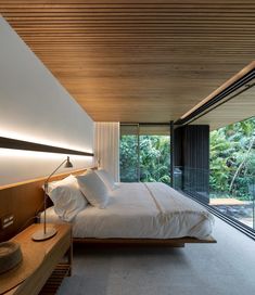 a bedroom with a large bed sitting next to a sliding glass door that leads outside