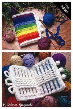 crochet pattern with yarn and needles on the table next to it is an image of