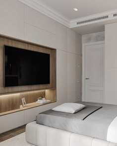 a large flat screen tv mounted on the wall above a bed in a room with white walls