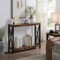 a living room scene with focus on the console table