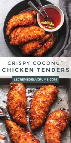 crispy coconut chicken tenders on a pan with dipping sauce in the middle and another image above