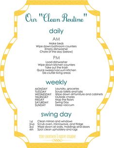 a yellow and white poster with the words,'our clean routine daily'on it