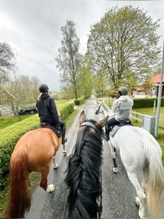 three people riding horses down the road in front of some bushes and trees on a cloudy day