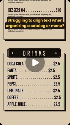 a menu with drinks and prices on it