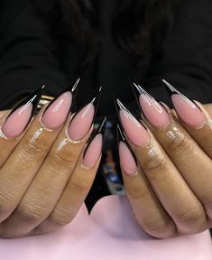 Acrylic Nail Designs On Black Women, Black Stiletto French Tip Nails, Black French Stiletto Nails, Nail Ideas Stiletto Long, Black French Tip Stiletto Nails, Simple Baddie Nail Ideas, Summer Inspired Nails, Neon Nail Ideas Summer, Stiletto Nails Black