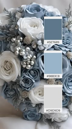 a wedding bouquet with blue and white flowers on the bottom is shown in shades of gray