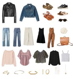 an assortment of clothes and accessories arranged on a white background