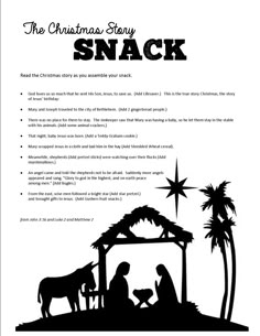 the christmas story snack is shown in this black and white silhouetted image with an illustration of a manger scene