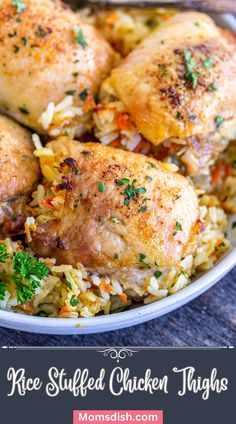 chicken thighs with rice and herbs in a white bowl