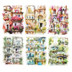 four pictures of different buildings with flowers on them, each painted in watercolor and then colored pencils