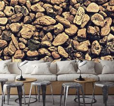 a living room with couches and tables in front of a rock wallpaper mural